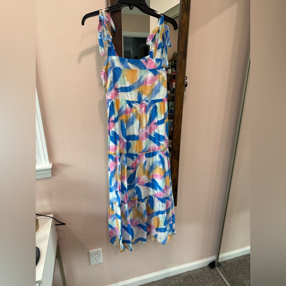 Blu Pepper Abstract Brushstroke Maxi Dress in Blue, Pink & Yellow